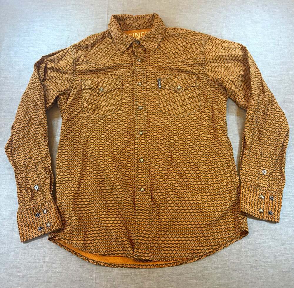 Cinch Modern Fit Mens S Orange Geometric Long Sleeve Pearl Snap Button Down